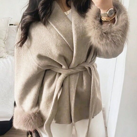 Khaki Casual Women's Elegant Long Sleeve Faux Fur trimmed Warm jacket Coat - Picture 4 of 9